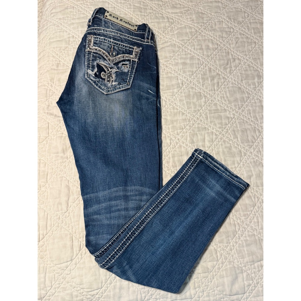 Rock Revival Skinny Jeans Womens 30 Blue Distressed Rhinestone Isella mid rise
